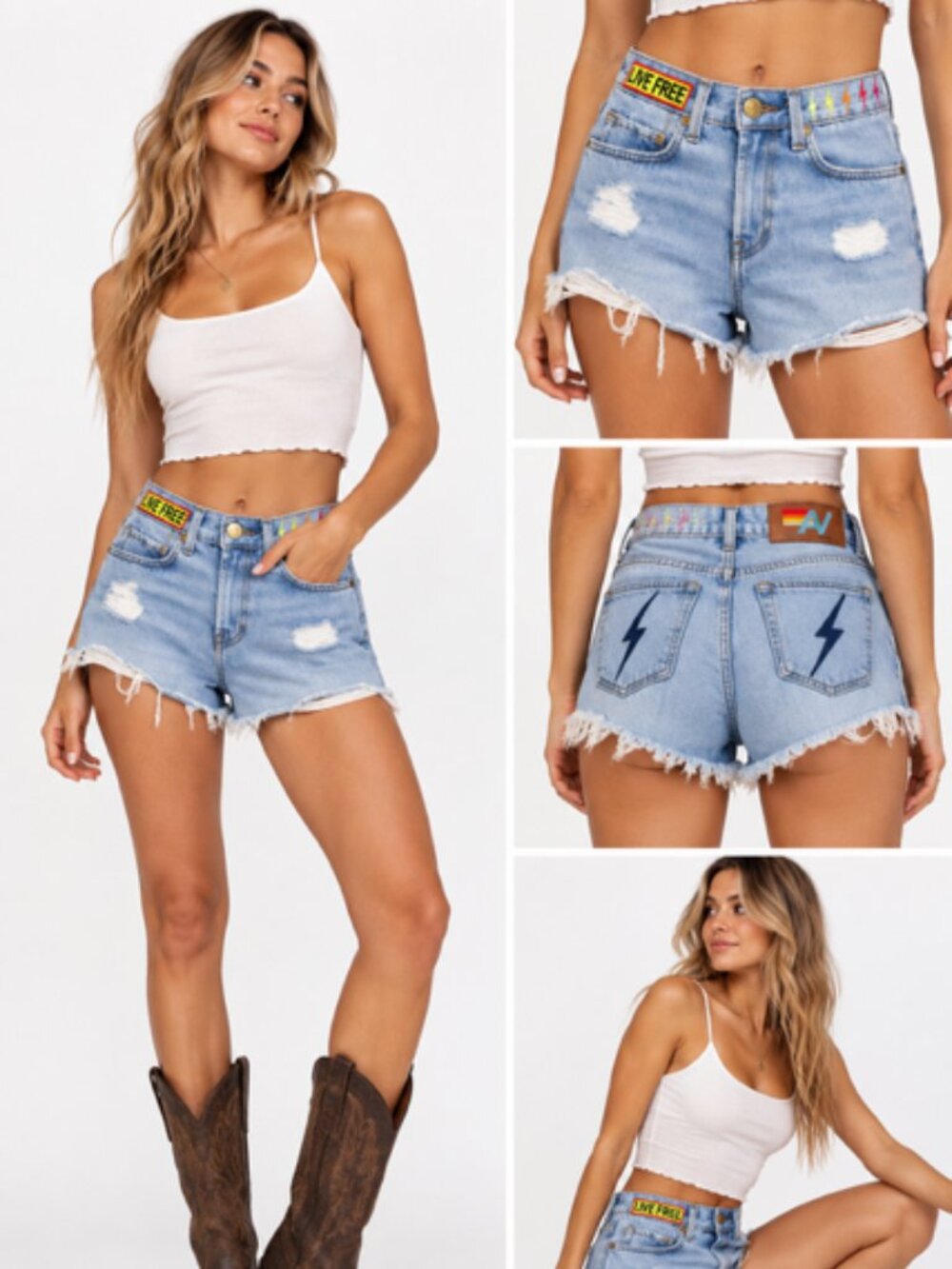 Aviator Nation Hi Rise Rocker Live Free Bolt Denim Shorts Size 25 Distressed